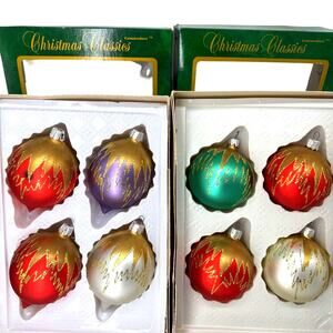 7 Vintage Commodore Ball Teardrop Glass Ornaments Red Green Purple White Romania
